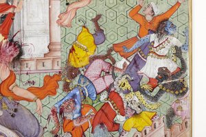 (detalle) Krishna parte al demonio Narakasura con su disco, c.1585-90 (acuarela opaca y oro sobre papel) de Indian School